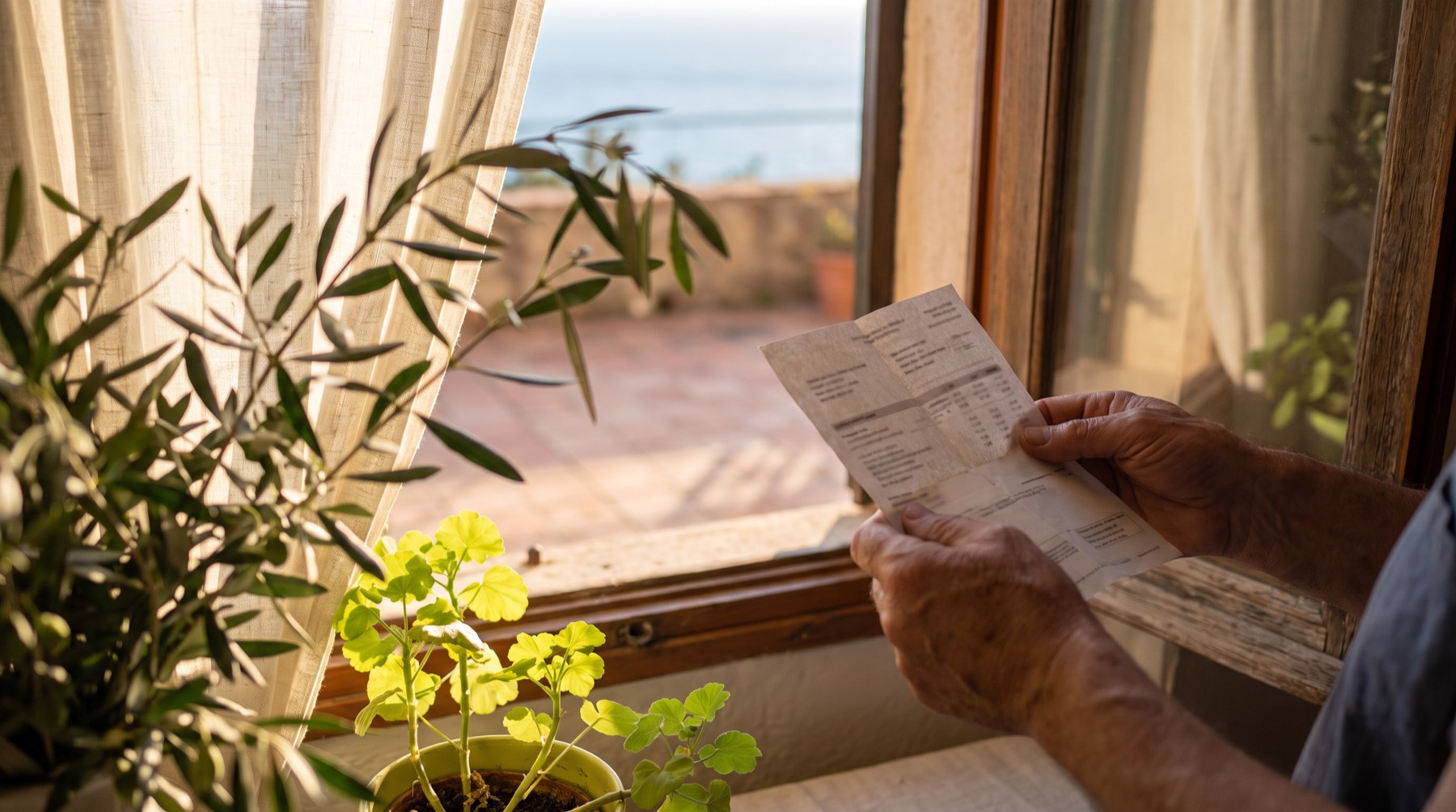 Manos revisando una factura energética junto a una ventana